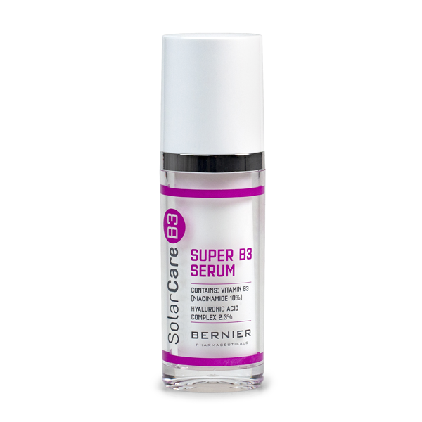 A bottle of Super B3 Serum, for sun-damaged skin, on white background