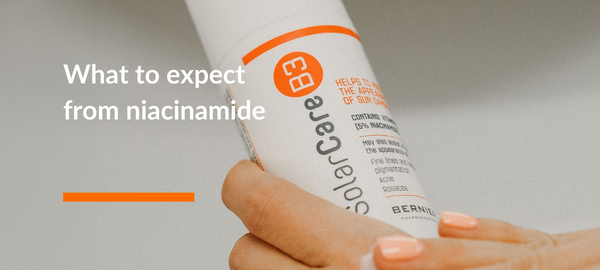An image of someone holding SolarCareB3, niacinamide products for sun-damaged skin, with text overlaid stating "what to expect from niacinamide"
